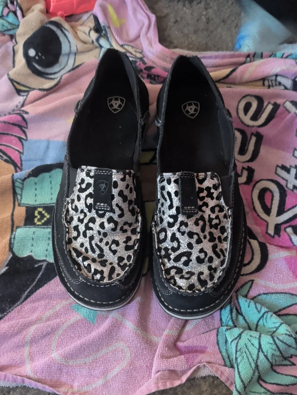 Ariat Black Flats with Silver Glitter Leopard Slip-On Accent